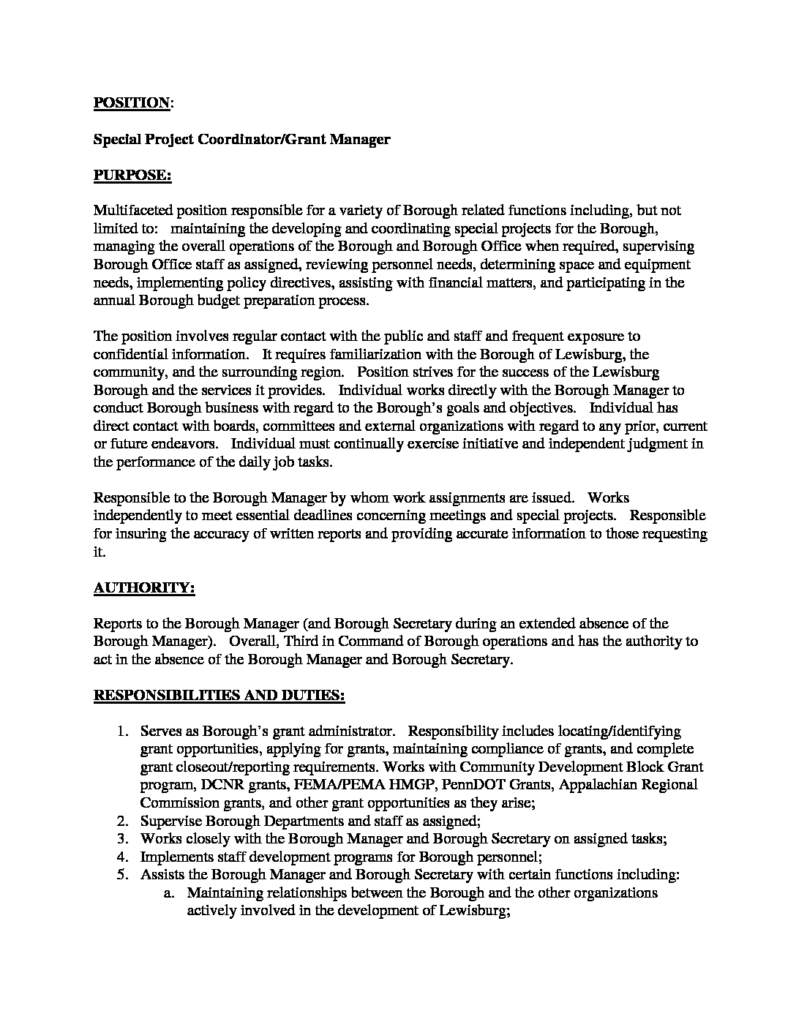 Special Project Coordinator Grant Manager Job Description 10 11 18 Wl 