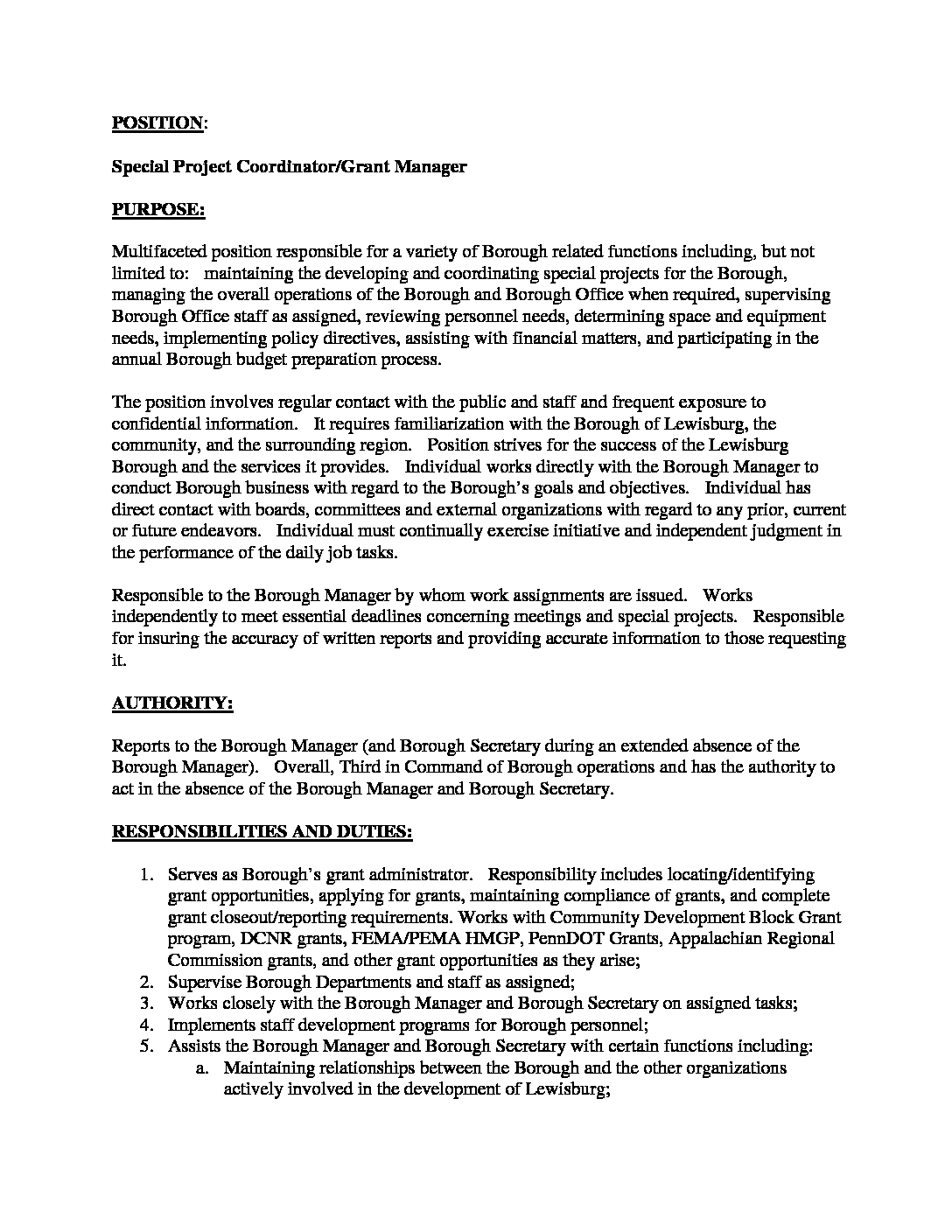 Special Project Coordinator-Grant Manager Job Description 10-11-18 wl -  Borough of Lewisburg Pennsylvania